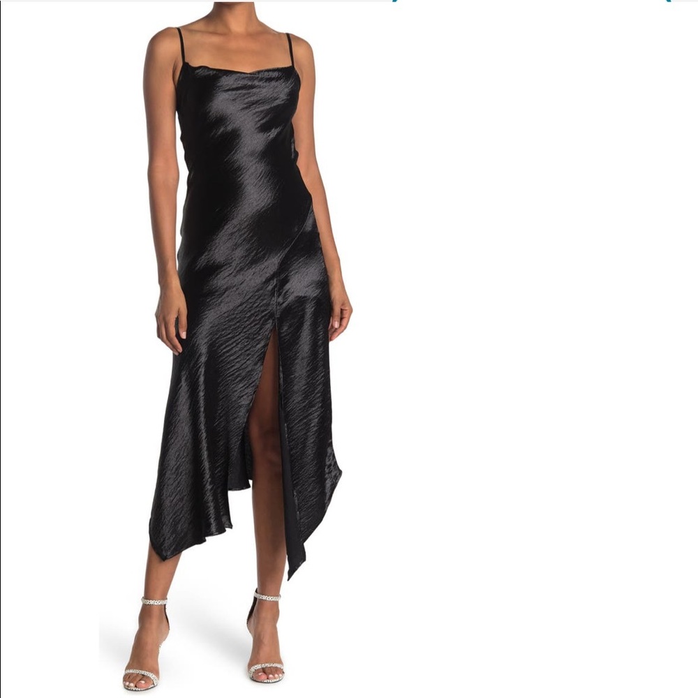 Gorgeous black satin slip dress with thigh slit, never worn before,